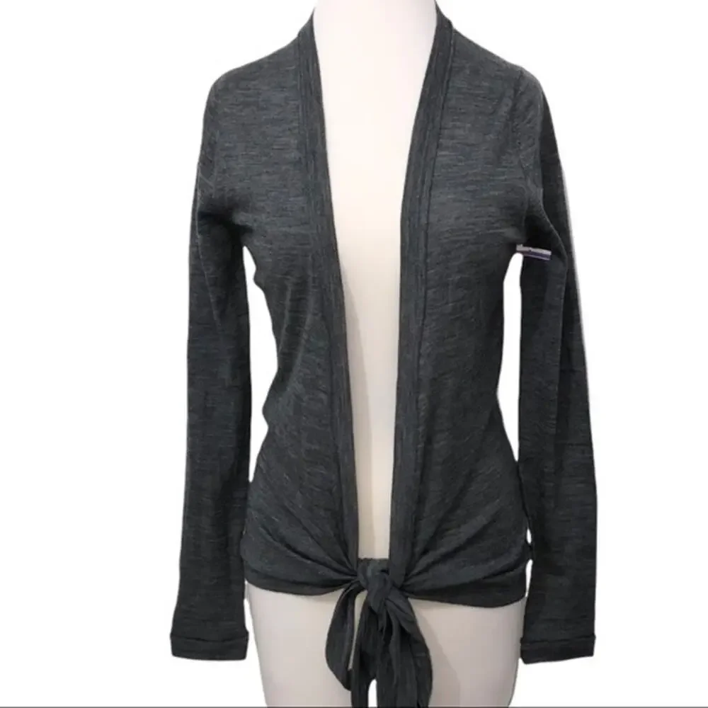 Vertigo Paris Gray Wrap Tie Front Merino Wool Open Front Cardigan Sweater M NWT